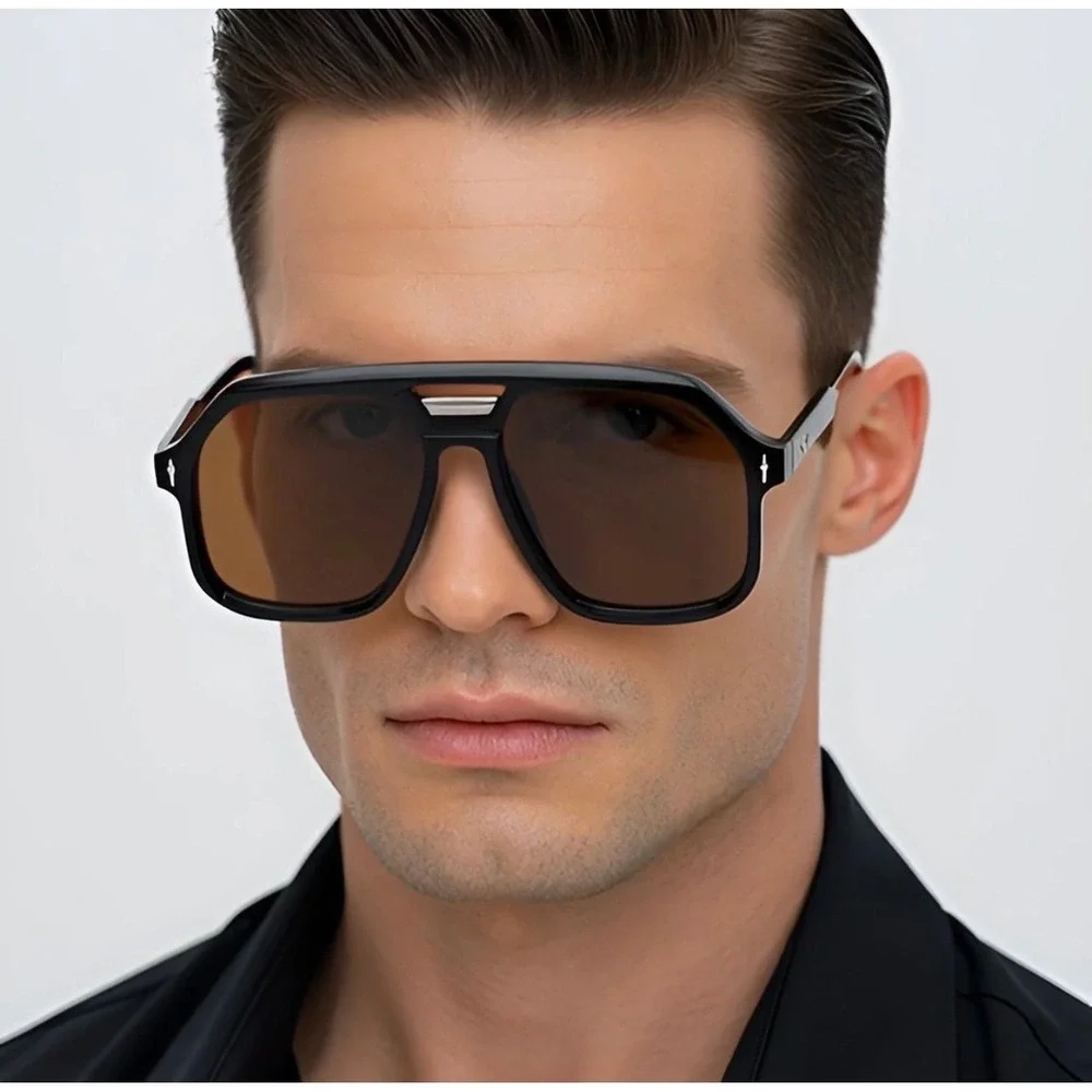 Sunglasses For Men Classic Outfit Black Square Frame‎ Brown Lens Flat Top UV400